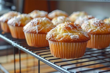 Delicious cupcakes cooling on a rack