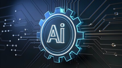 AI symbol embedded within a futuristic, glowing blue gear, connected to a complex circuit board