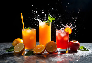 glasses of fresh fruit juice, liquid beverage splashes around, dark background