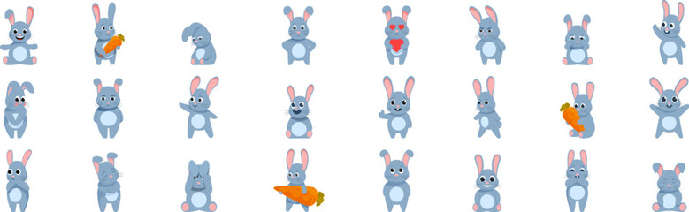 Rabbit character emotions icons set. Collection of adorable cartoon rabbits expressing various emotions, perfect for adding a touch of whimsy to your projects