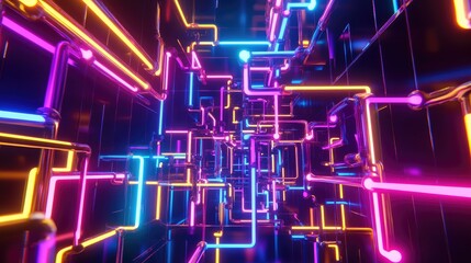 A complex 3D lattice of glowing neon tubes suspended in a dark void.