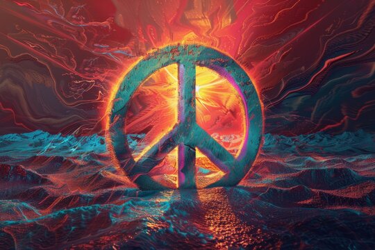 Blue peace symbol floating on colorful abstract wavy background