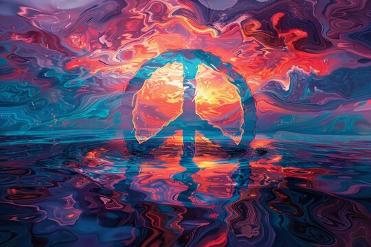 Blue peace symbol floating on colorful abstract wavy background