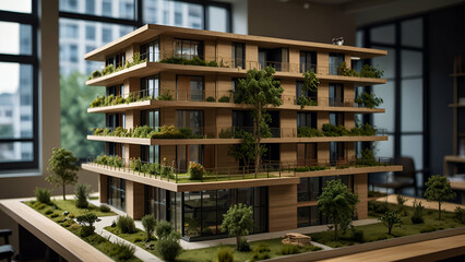 Scale model of an eco-friendly apartment for sustainable project displays.