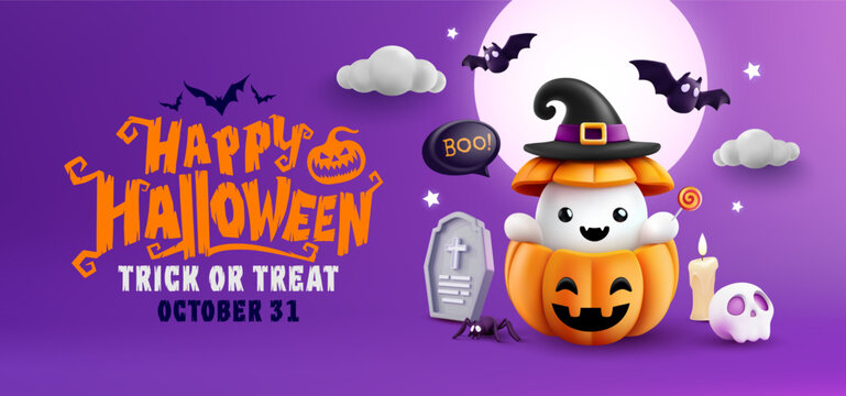 Halloween poster or banner template with a cute ghost inside a Pumpkin Jack-O'-Lantern,Witch Hat, bats,tombstone and spooky decorations.Ideal for Trick or Treat events,October 31st celebrations