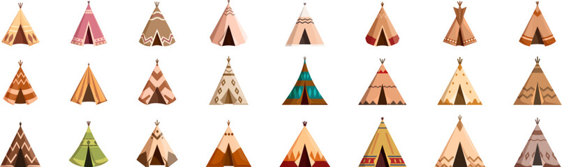 Teepee tent icons set. Set of different native american teepees with ethnic ornament having traditional shape for living outside © nsit0108
