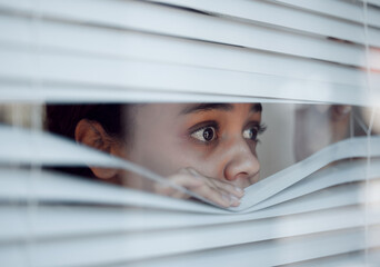 Woman, paranoia and stress for scared, trouble and trauma in house with insomnia, crisis and mental...