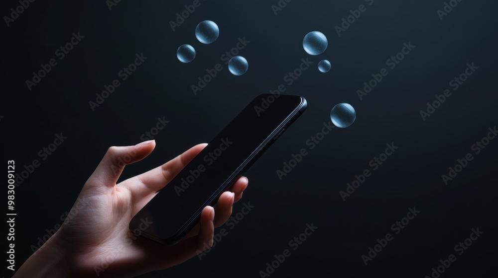 Poster smartphone in hand displaying bubbles, symbolizing online communication and connectivity. technology