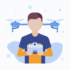 A man is holding a remote control and a tablet, and he is wearing a blue shirt. Concept of excitement and adventure, as the man is likely controlling a drone or other type of remote-controlled device