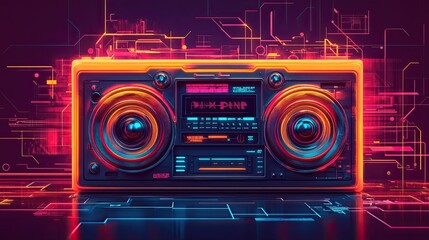 Fototapeta premium A colorful boombox with a neon orange and purple design.The boombox is surrounded by a colorful background with a lot of lines and shapes.