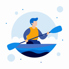 A man in a yellow life jacket paddles a canoe in blue water. The scene is peaceful and serene, with the man enjoying the calm waters and the beauty of nature