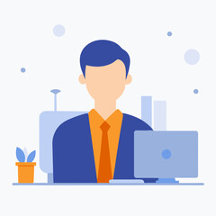 A man in a suit and tie sits at a desk with a laptop and a suitcase. Concept of professionalism and work ethic, as the man is dressed in a business attire and he is focused on his work