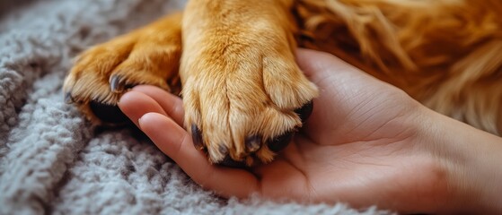 Fototapeta na wymiar A warm moment of a person's hand gently holding a dog's paw, showcasing love and affection between a human and a pet