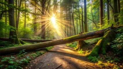 Fototapeta premium A fallen tree across a forest trail, symbolizing an unexpected obstacle, with sunlight filtering through the leaves