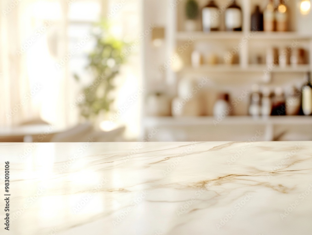 Poster warm cream marble table with nostalgic soft-focus retro interior and ambient lighting for product di