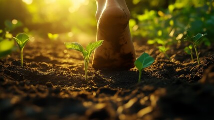A close-up of a foot stepping on soil with sprouting green plants around, illuminated by golden sunlight, symbolizing growth and connection to nature