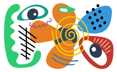 Fototapeta premium Abstract surreal biomorphic naive graphic shapes collage banner. Modern trendy flowing biomorphic bizarre free forms crazy doodle print. Decorative y2k style artistic placard. Psychedelic artwork. Eps