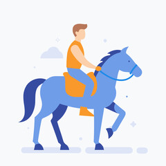 A man is riding a horse with a blue mane. The horse is wearing a blue saddle