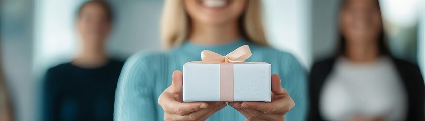 Group of happy customers enjoying personalized gifts in a luxury boutique, loyalty program, premium rewards for top clients