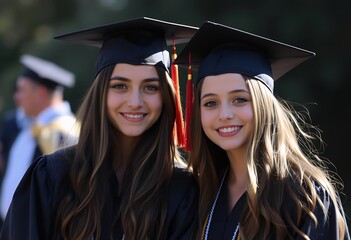 Two girls pose for a picture with their hats on
