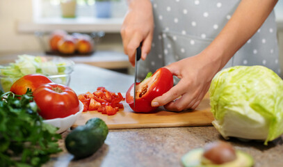 Closeup female hands slice red pepper of knife. Woman cooks healthy food in kitchen with vegetables for breakfast or lunch.