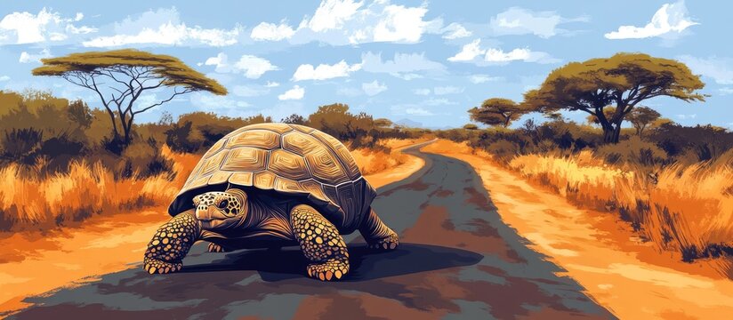 Leopard tortoise crossing a safari road in a wildlife park species Stigmochelys pardalis from the Testudinidae family