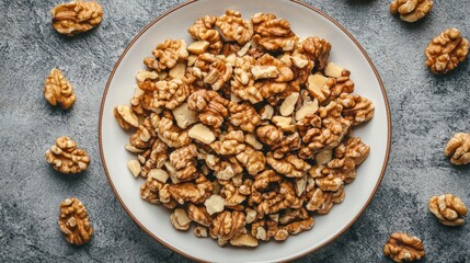Fototapeta premium A white plate piled high with walnut pieces, with whole walnuts scattered around the edge.