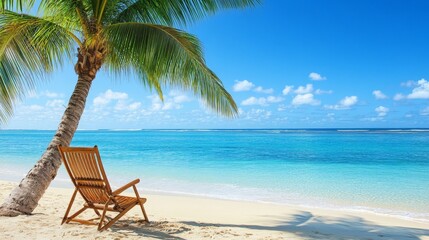 A beach chair is sitting on the sand next to a palm tree