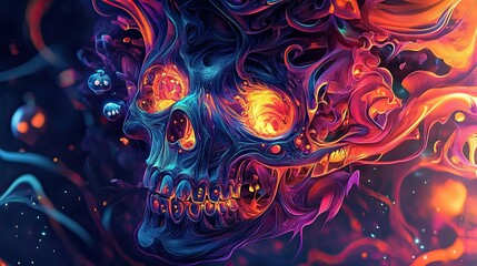 A skull with glowing eyes and a fiery face. The skull is surrounded by a colorful, swirling background.