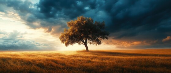 A solitary tree stands in a golden field under dramatic clouds, capturing the essence of tranquility amidst an impending storm