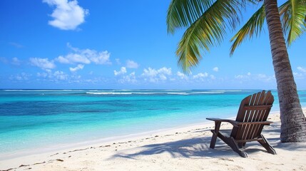 A beach chair is sitting on the sand next to a palm tree