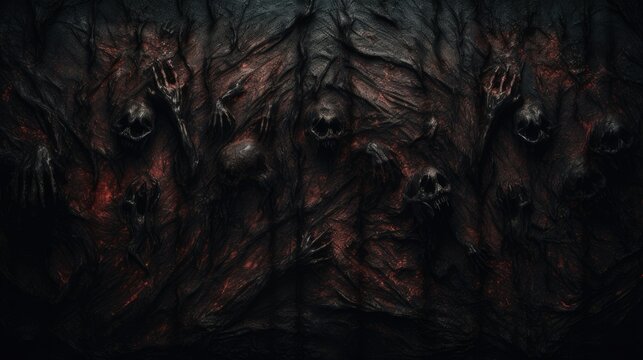 Scary wall background with skull bones on the wall, horror texture for background