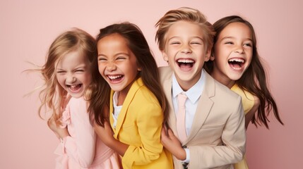 Fototapeta premium Four laughing children, dressed in colorful and fashionable outfits, share a joyful moment against a soft pink backdrop, emanating pure happiness.