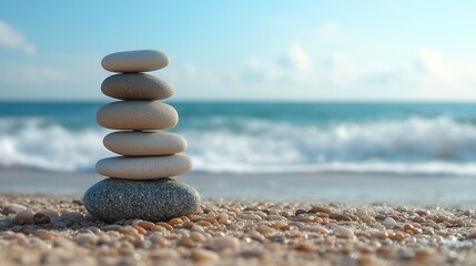 Fototapeta premium A tranquil beach scene featuring a carefully balanced stack of smooth stones on a sandy shore, with gentle ocean waves and a clear blue sky in the background