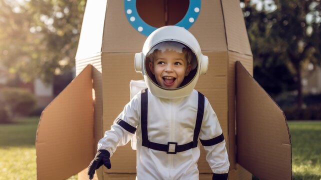 A joyful child in an astronaut costume stands in front of a cardboard rocket, embodying the spirit of adventure and imagination in a lush outdoor setting