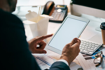 Business, man and hands with tablet screen at office research, communication and connection. Male...
