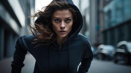 A determined woman wearing a hoodie runs through an urban street, her eyes focused ahead, conveying strength and determination.