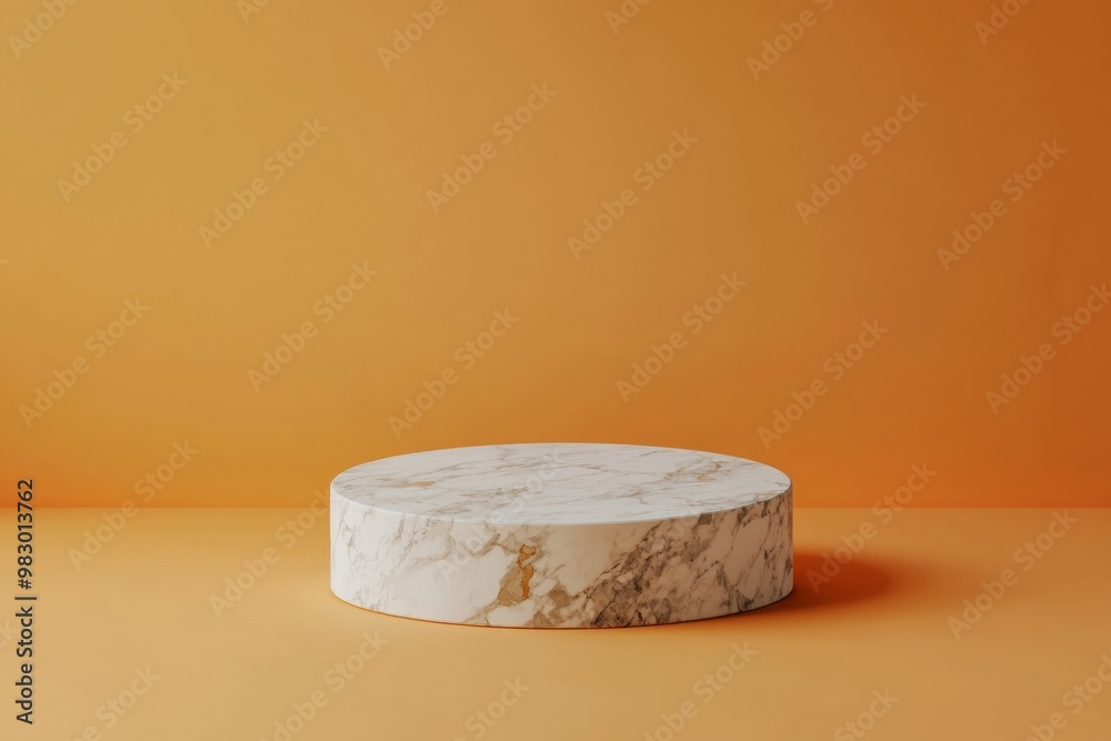 Poster Elegant Minimalist Marble Podium on Warm Gradient Orange Background with Soft Golden Glow – Ideal for Product Showcase