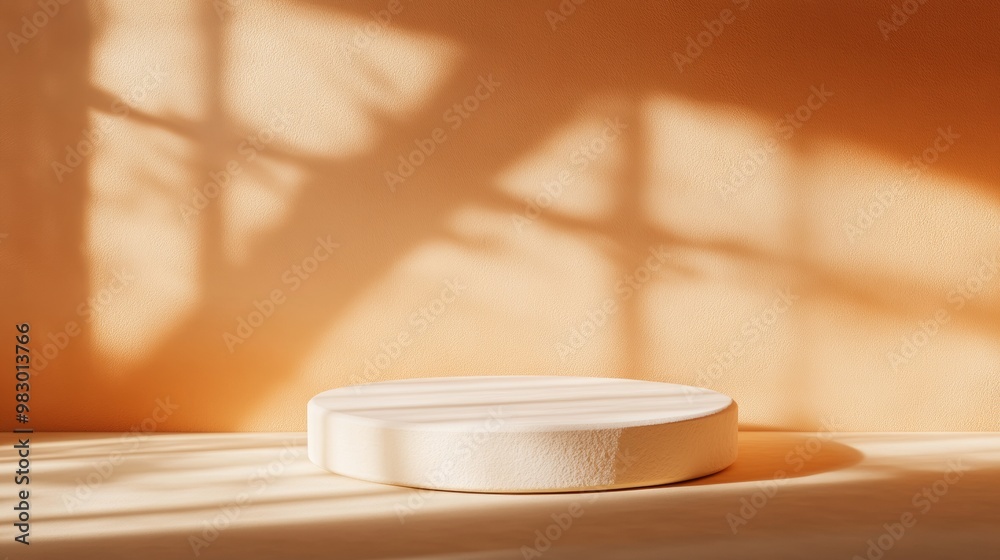 Poster minimalist mockup featuring cream podium on orange background with soft shadows and warm monochromat