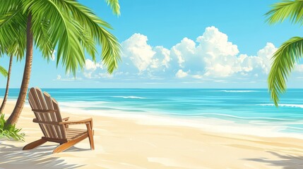 A beach scene with a chair and a palm tree
