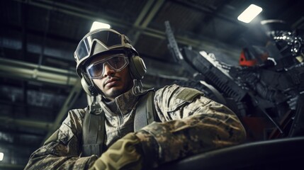 A soldier in tactical gear stands confidently in a dimly lit hangar, exuding strength, determination, and readiness amid an industrial background.