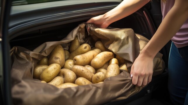 Hands placing a sack of freshly harvested potatoes into a car trunk, symbolizing farm-to-table freshness and organic produce. - Powered by Adobe