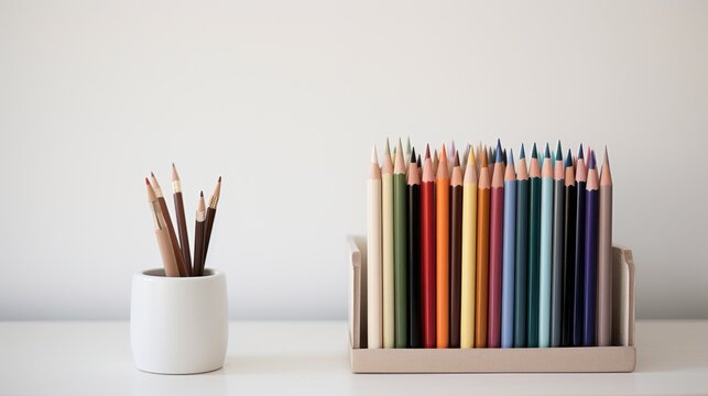 A collection of colorful pencils neatly arranged next to a simple white cup holding several brown pencils against a white background. - Powered by Adobe