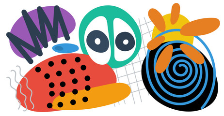 Abstract surreal biomorphic naive graphic form collage banner. Modern trendy flowing biomorphic strange free curves shapes crazy doodle print. Artistic y2k composition. Psychedelic artwork. Eps design