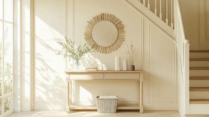 A bright entryway featuring a light beige console table
