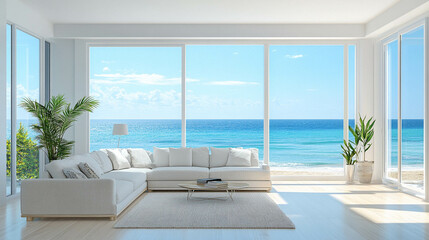 Fototapeta premium A bright living room with floor-to-ceiling windows showcasing a stunning light blue ocean view