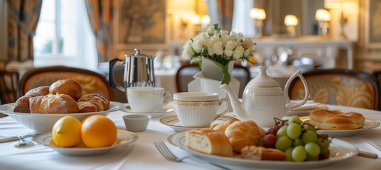 Charming breakfast table decorated with fresh fruits and delicious pastries for a perfect morning