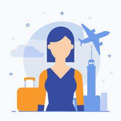 A woman is standing in front of a suitcase and an airplane. Concept of travel and adventure