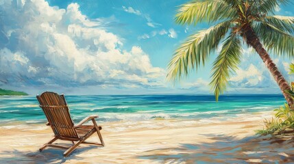 A painting of a beach with a chair and palm trees