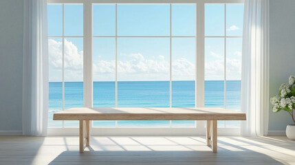 A light wooden work table in front of a bright window with a light blue ocean view